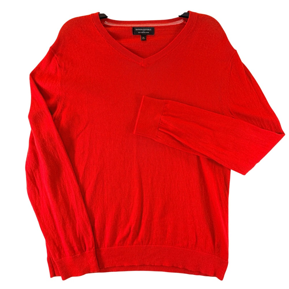 Banana‎ Republic V-Neck Sweater XL MERINO WOOL Red Pullover Classic